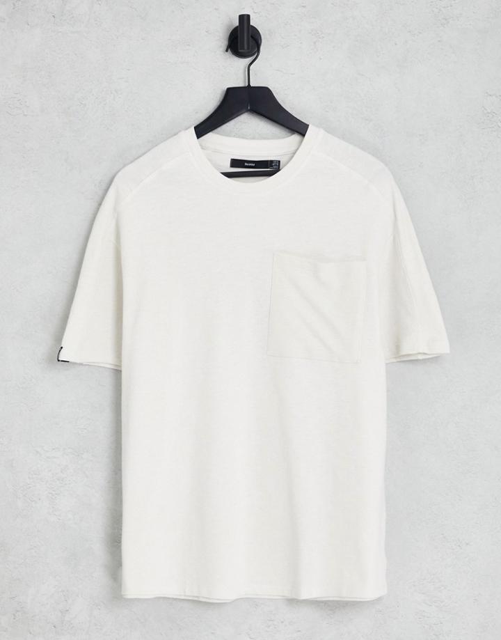 Bershka Textured Pocket T-shirt In Ecru-white