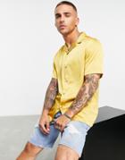 Asos Design Regular Revere Satin Shirt In Gold-brown