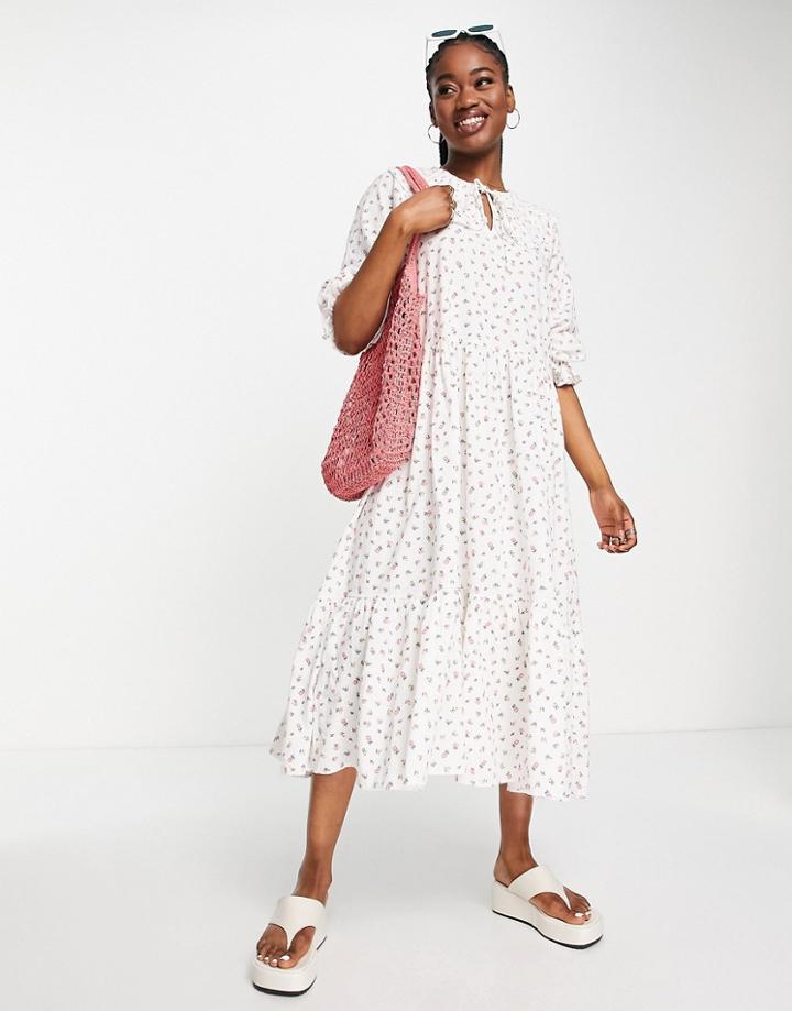 New Look Seersucker Oversized Collar Smock Midi Dress In White