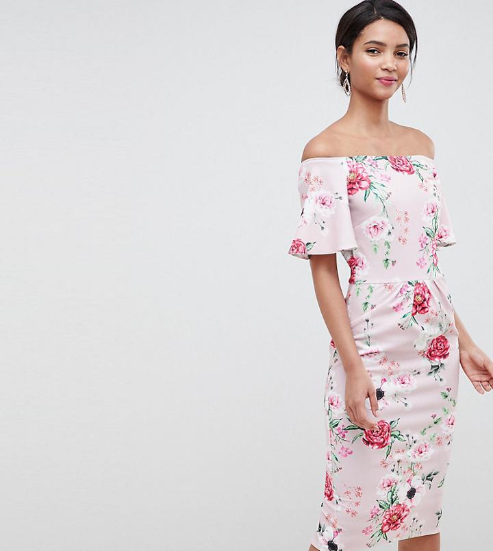 Silver Bloom Printed Bandeau Dress With Frill Sleeve In Multi - Multi