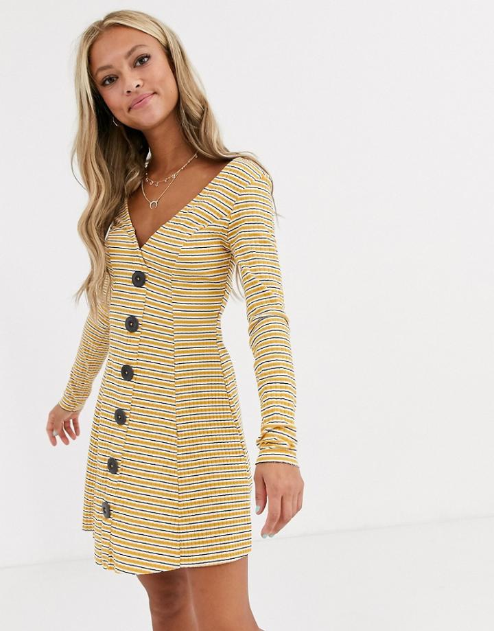 Asos Design Button Through Rib Tea Dress With Large Buttons In Stripe-multi