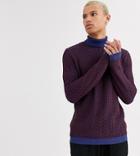 Asos Design Tall Muscle Fit Roll Neck Sweater In Burgundy And Blue Braid-red