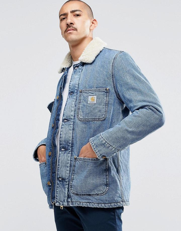 Carhartt Wip Denim Phoenix Jacket With Faux Fur Collar - Navy
