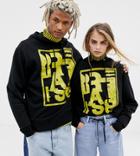 Collusion Unisex Printed Hoodie In Black - Black