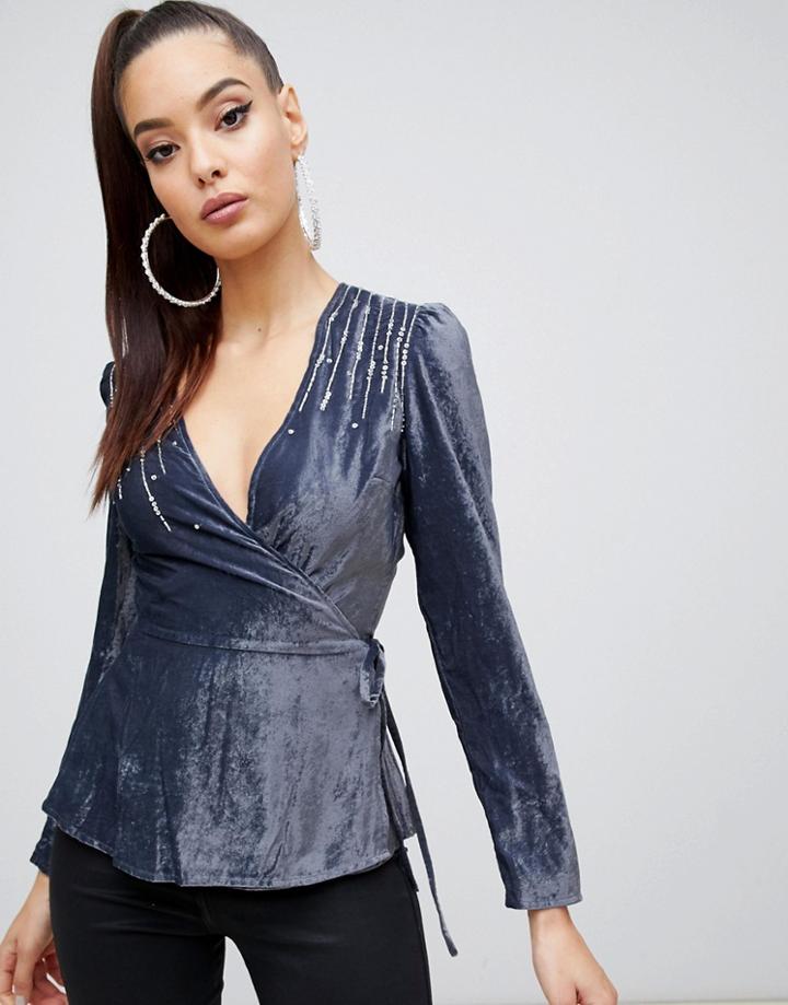 Asos Design Velvet Embellished Wrap Top - Purple