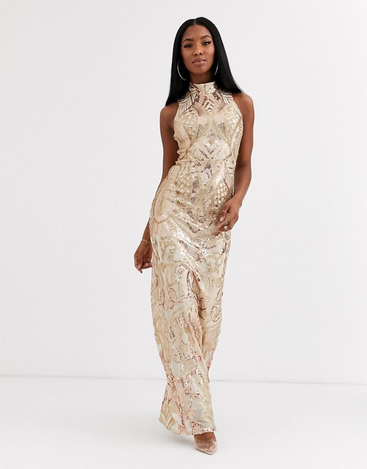 Goddiva Cut Out Back Detail Maxi Dress In Gold