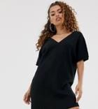 Asos Design Petite Short Sleeve Super Soft Rib V Front V Back Mini Dress-black