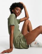 Miss Selfridge Casual Frill Sleeve Hem Romper In Khaki Rib-green