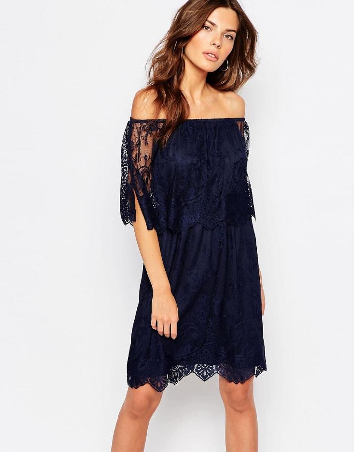 Vila Lace Bardot Double Layer Dress - Navy