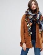 Asos Oversized Square Scarf In Brown Based Check With Yellow Highlight - Brown