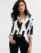 Asos Design Cropped Long Sleeve Soft Shirt In Brush Stroke Print - Multi