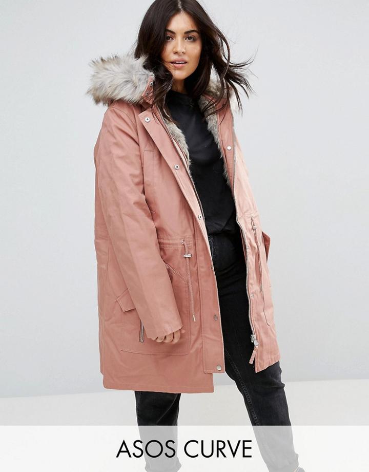 Asos Curve Parka With Detachable Faux Fur Liner - Pink