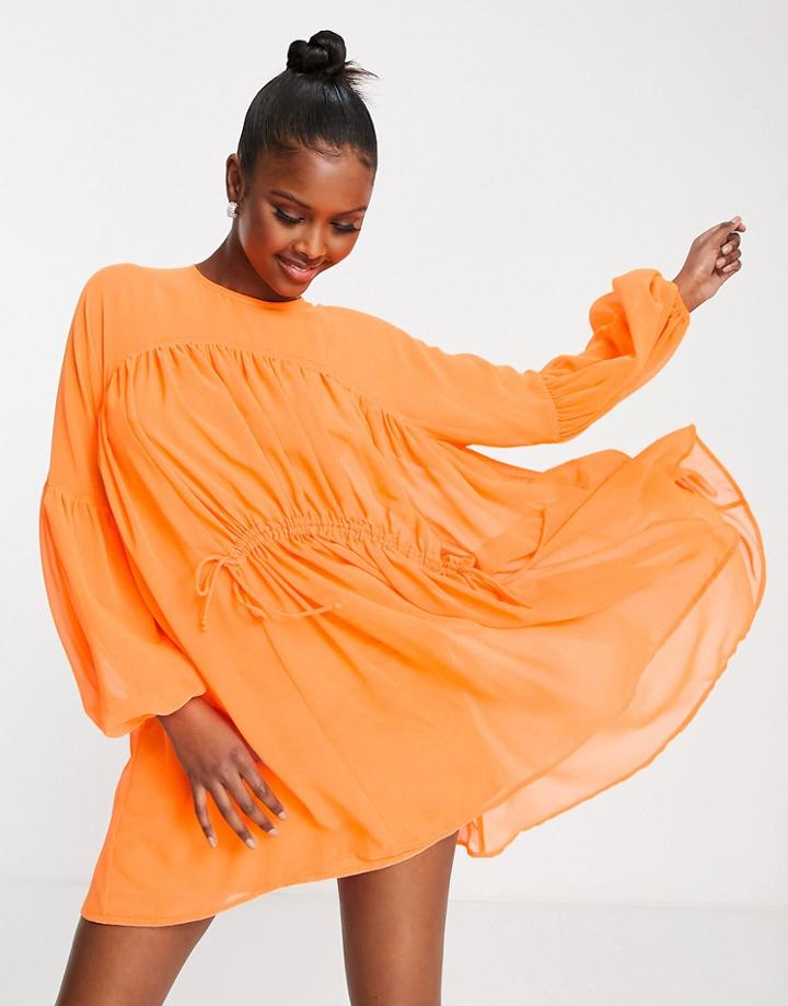 Asos Design Neon Oversized Mini Smock Dress With Gathered Waist In Orange