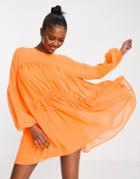 Asos Design Neon Oversized Mini Smock Dress With Gathered Waist In Orange