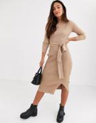 New Look Tie Waist Maxi Knitted Dress In Oatmeal-cream