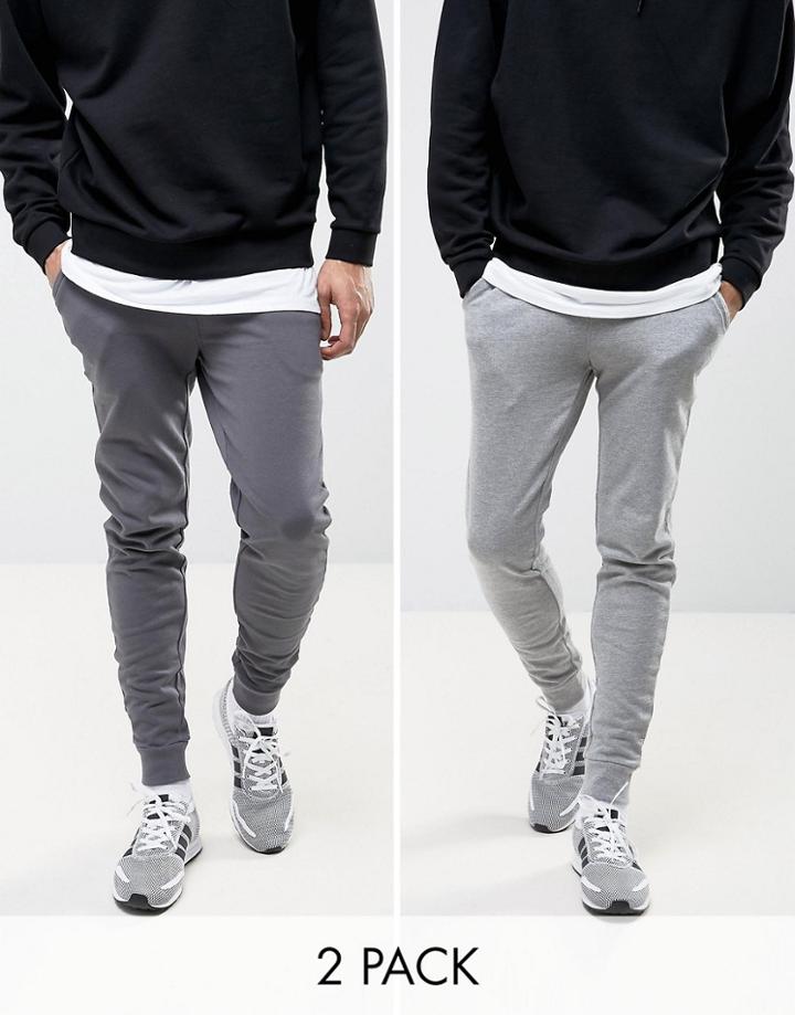 Asos Super Skinny Joggers 2 Pack Gray Marl/ Washed Black - Multi