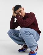 Mauvais Cable Knit Funnel Neck Sweater In Burgundy-red