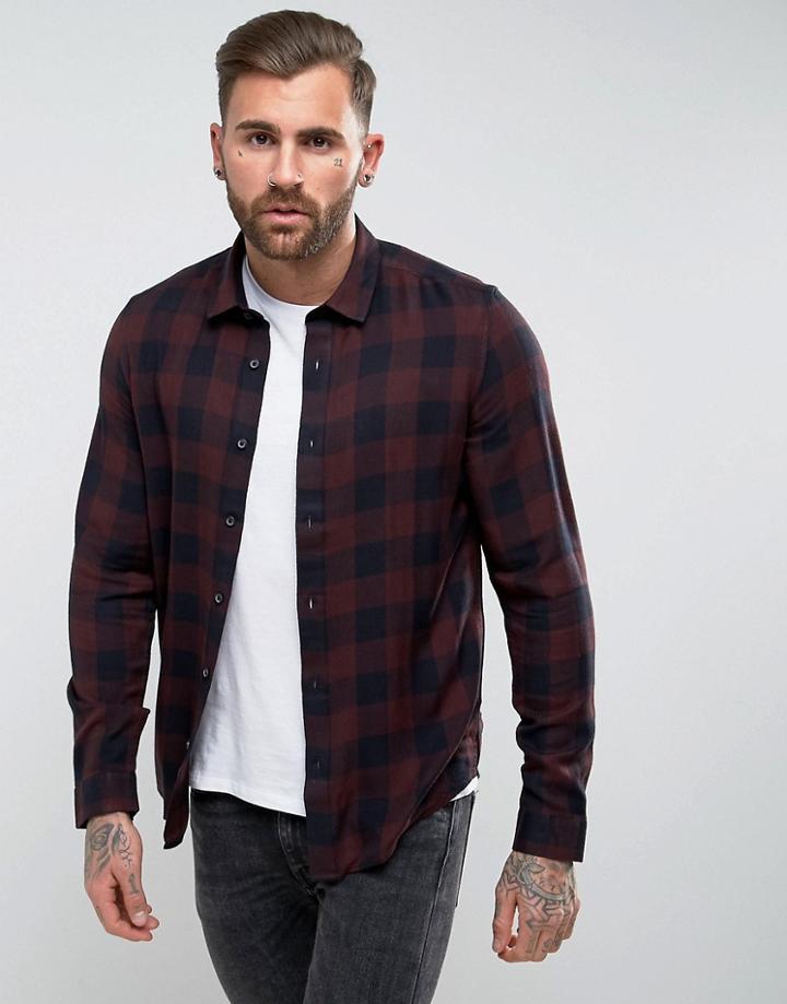 Asos Regular Fit Viscose Shirt With Buffalo Plaid In Brown - Brown