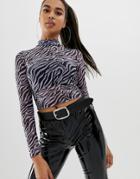 Asos Design High Neck Top In Zebra Print Sheer Mesh With Long Sleeve-multi