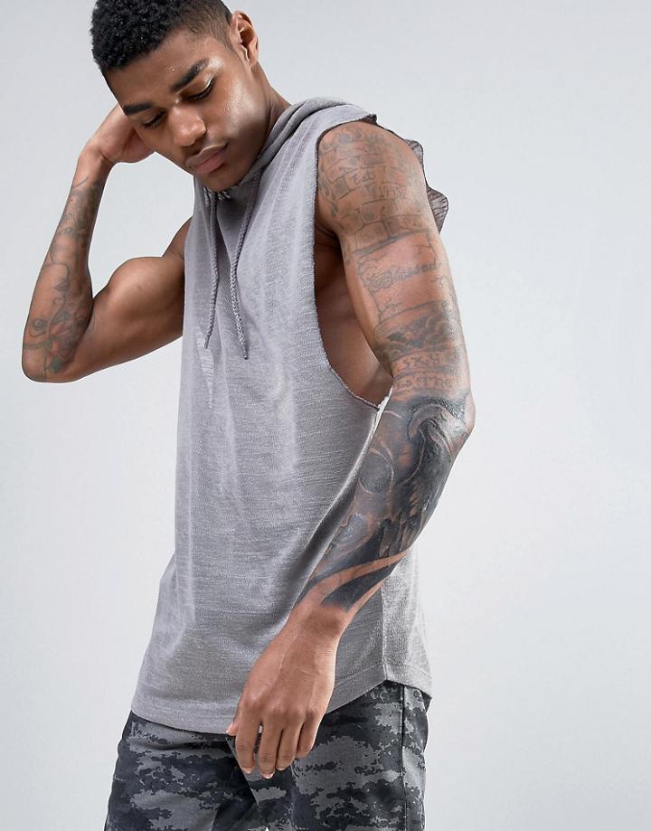 Asos Sleeveless T-shirt With Hood In Linen Look With Raw Curved Hem - Gray