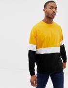 Asos Design Oversized Longline Long Sleeve T-shirt With Color Block In Yellow