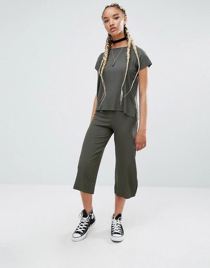 Pull & Bear Rib Tee Co-ord In Khaki - Green