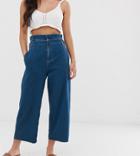 Asos Design Petite Lightweight Cropped Wide Leg Jeans In Mid Wash With Paper Bag Waist Detail-blue