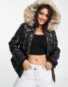 River Island Belted Patent Quilted Padded Jacket With Faux Fur Hood In Black