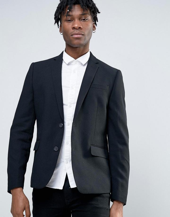 Minimum Waffle Wool Blend Slim Fit Suit Jacket - Black