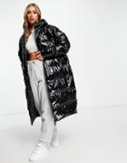 Ellesse Longline Wet Look Puffer In Back-black