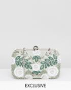 Amelia Rose Floral Embellished Hard Box Clutch Bag - Green
