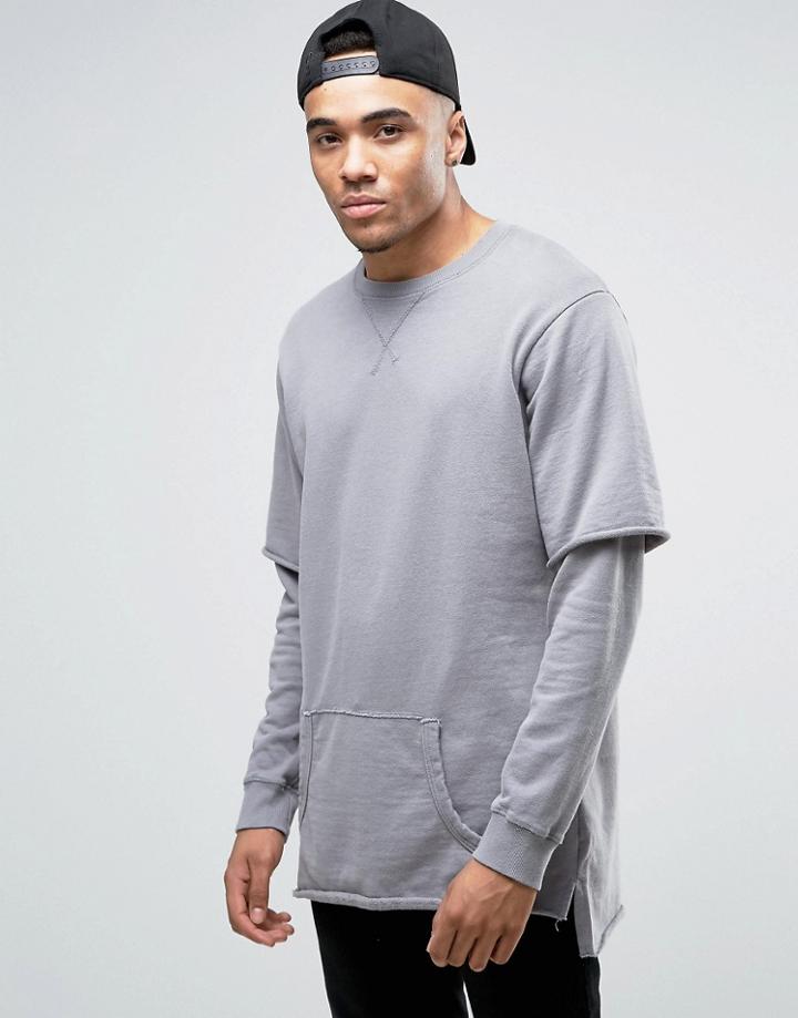 Pull & Bear Oversized Sweatshirt With Double Sleeve Layer In Gray - Gray