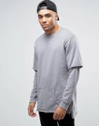 Pull & Bear Oversized Sweatshirt With Double Sleeve Layer In Gray - Gray