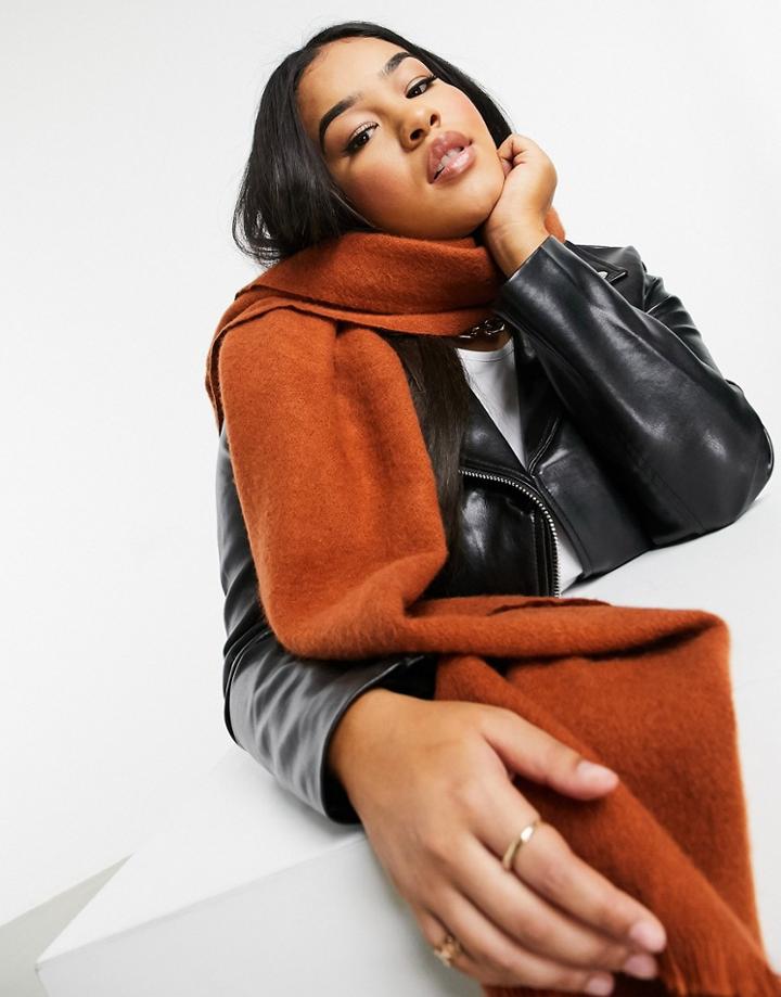 Asos Design Supersoft Long Woven Scarf With Raw Edge In Conker-brown