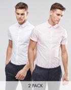 Asos Skinny Shirt In White And Pink With Short Sleeves 2 Pack Save 15%