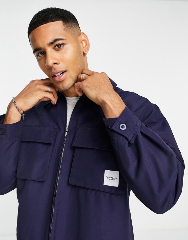 Topman Nylon Zip Through Jacket With Branding In Navy