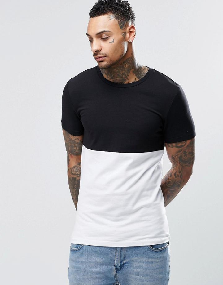 Asos Longline Muscle T-shirt With Contrast Half And Half In Monochrome