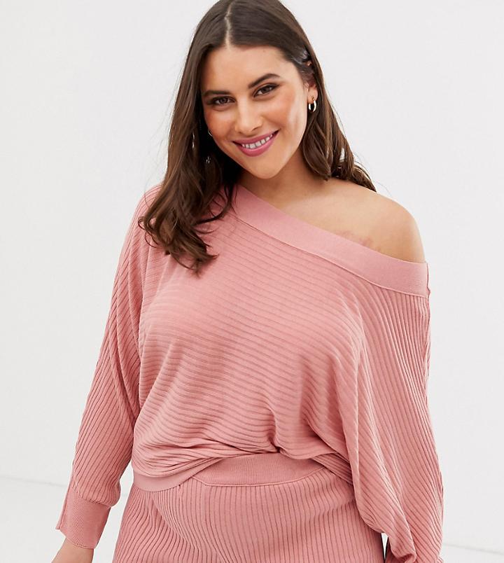 Asos Design Curve Lounge Knitted Rib Off Shoulder Sweat-pink