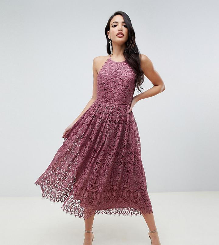 Asos Design Tall Lace Pinny Scallop Edge Prom Midi Dress - Purple