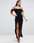 Asos Bow Off The Shoulder Maxi Dress With Wrap Skirt - Black