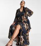 Asos Design Curve Floral Tiered Maxi Dress With Tie Front In Satin Stripe-multi