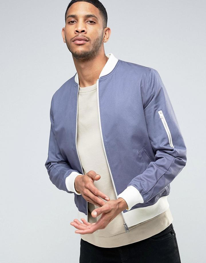 Asos Bomber Jacket With Sleeve Zip In Blue With Ecru Rib - Blue
