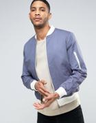 Asos Bomber Jacket With Sleeve Zip In Blue With Ecru Rib - Blue