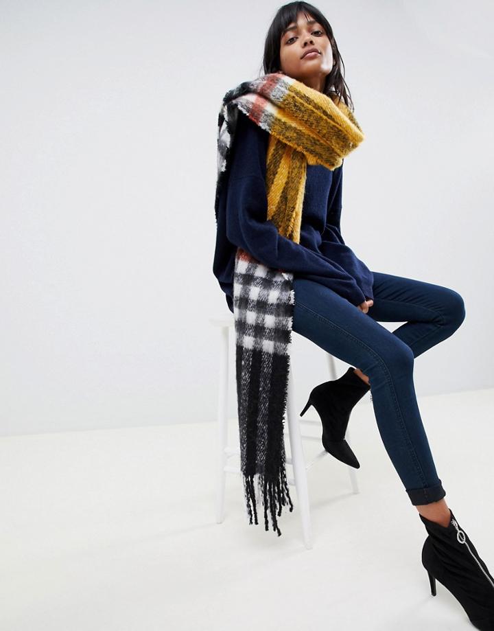 Asos Design Oversized Fluffy Blown Up Check Mustard Scarf - Yellow