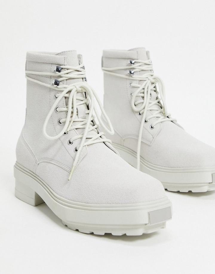Asos Design Lace Up Boots In Gray Faux Suede On Chunky Sole With Metal Toe Cap-grey