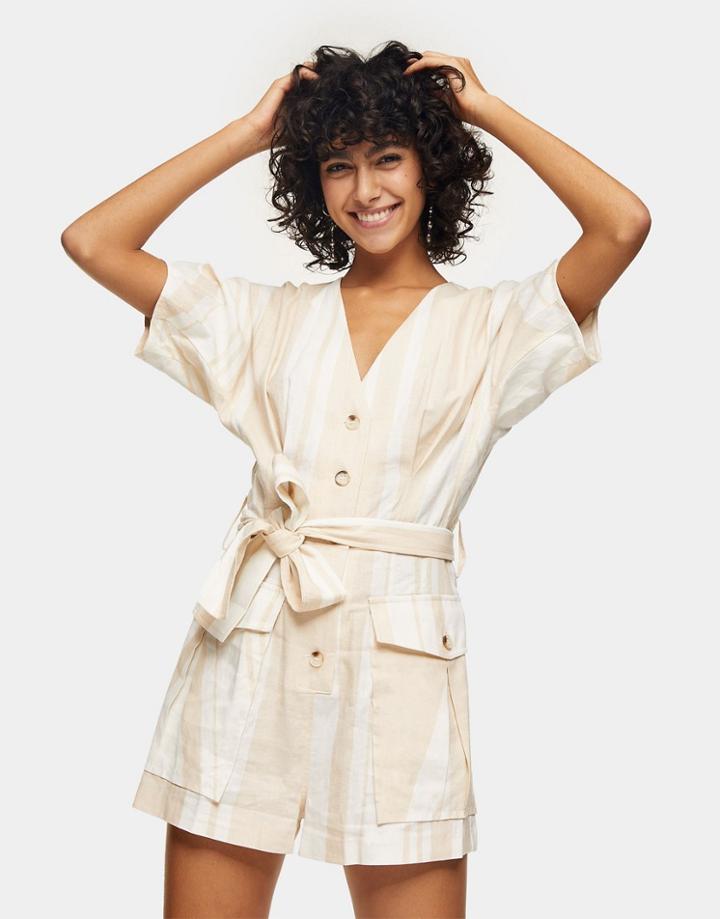 Topshop Striped Linen Romper In Beige-neutral
