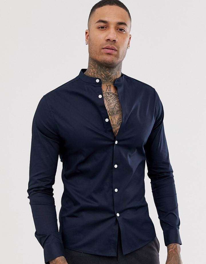 Asos Design Skinny Fit Shirt With Grandad Collar In Navy - Navy