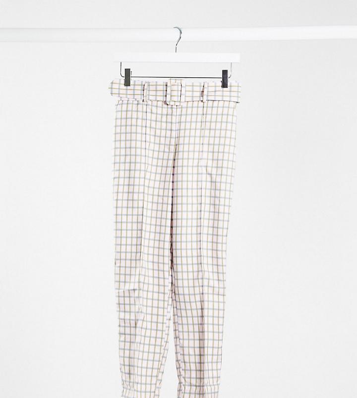 Asos Design Petite High Waist Belted Cigarette Pants In Pastel Gingham-multi