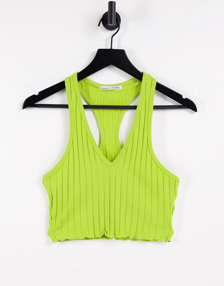Pull & Bear V Neck Crop Top With Lettuce Edge In Lime Green