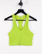 Pull & Bear V Neck Crop Top With Lettuce Edge In Lime Green